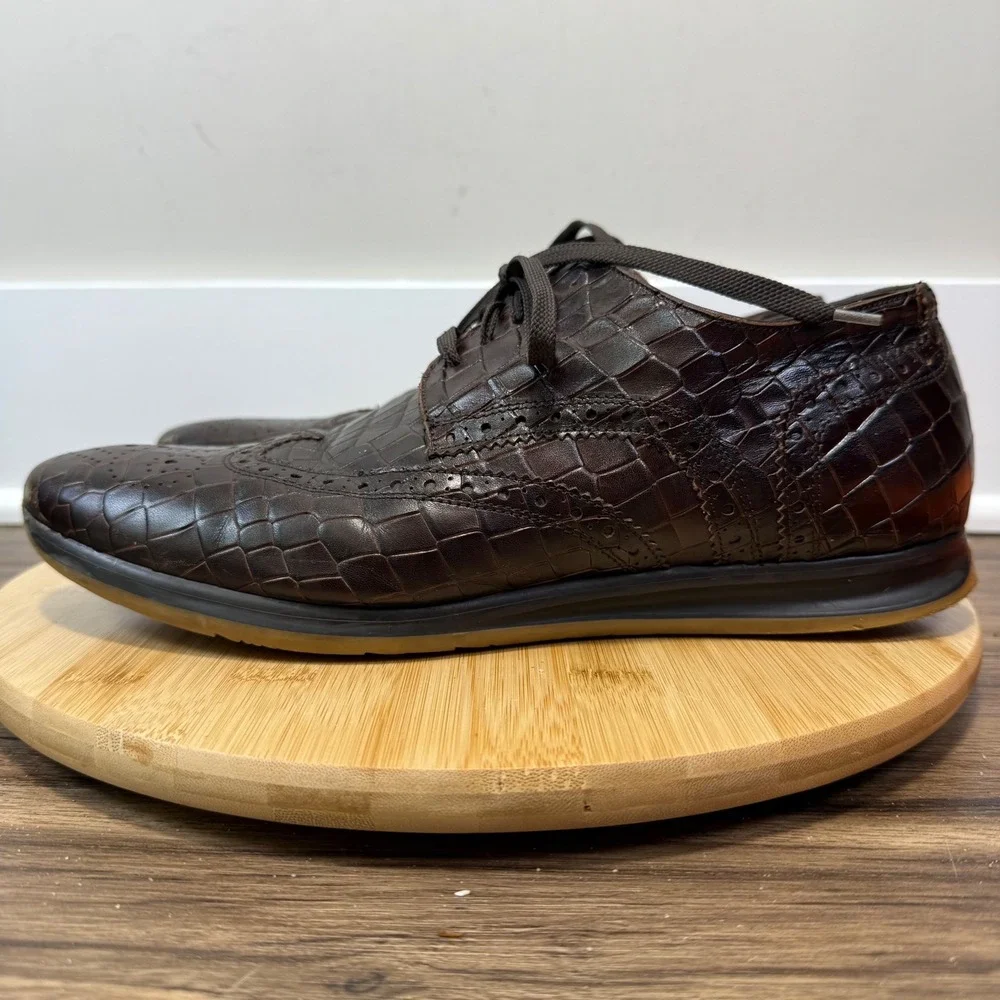 Paul Fredrick Wingtip Sneakers Mens 11 Brown Crocodile Embossed Leather Italy
